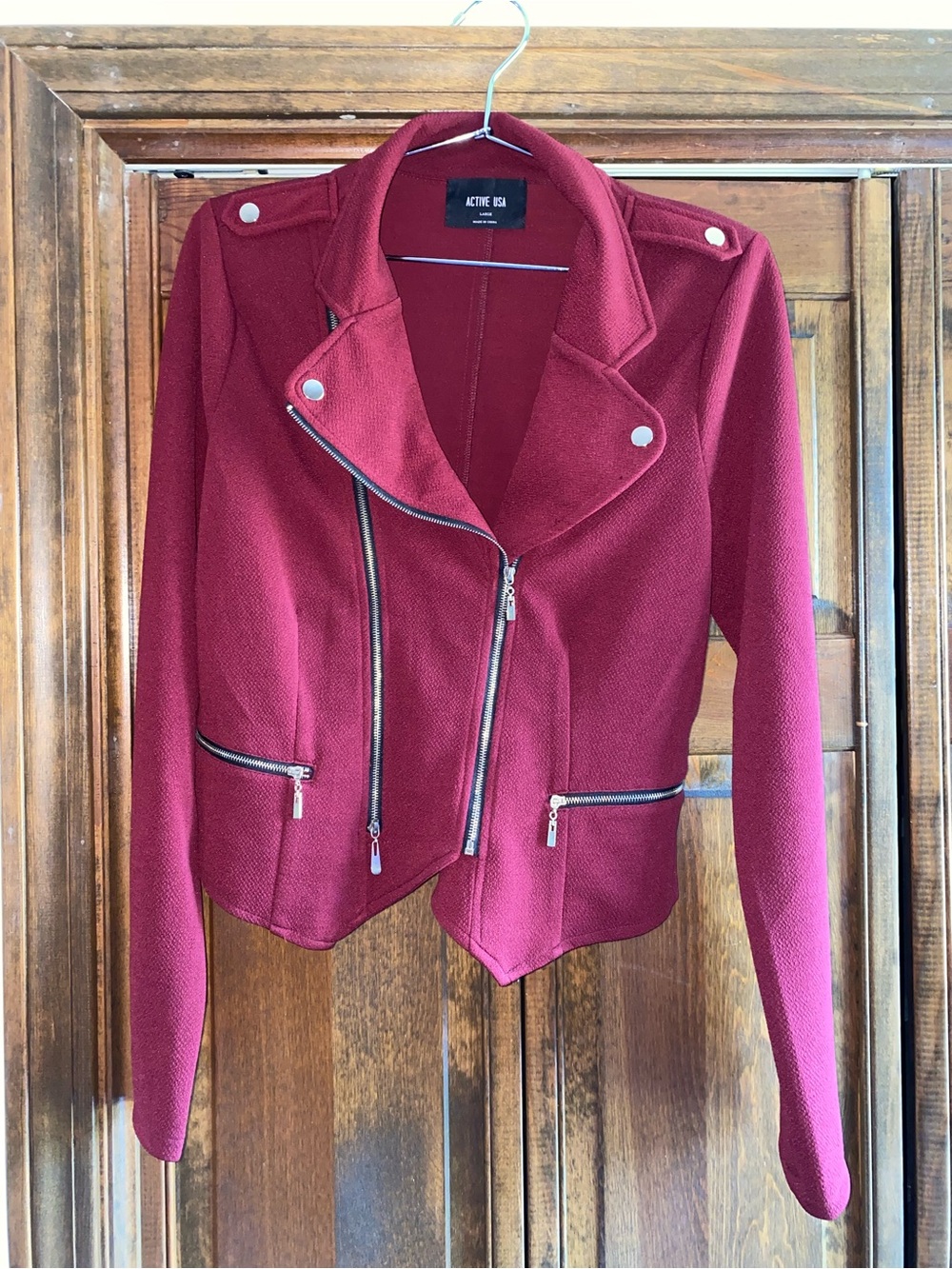 Active USA Burgundy Zip Moto Jacket, Size Large